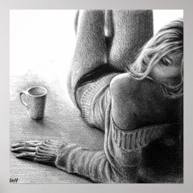 Kvinna med morgonkaffe Pencil teckning art Poster (Framsidan)