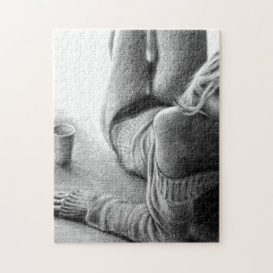 Kvinna med morgonkaffe Pencil teckning art Pussel