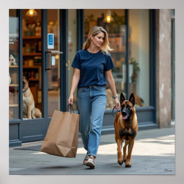 Kvinna med mörk blått runda nacke T-shirt Poster