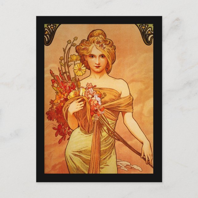 Kvinna med Oragna Bouquet Vykort (Framsida)