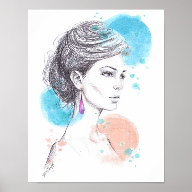 Kvinna med örhänge Modeillustration Skiss Poster (Framsidan)