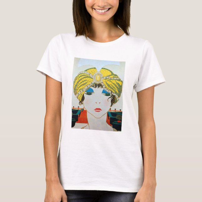 KVINNA MED ORIENTAL GULT TURBAN/Beauty Mode Tee Shirt (Framsida)