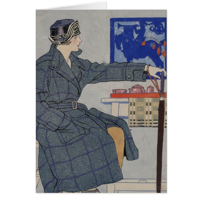 Kvinna med paraplyer - Vintage konst Hälsningskort (Framsidan)