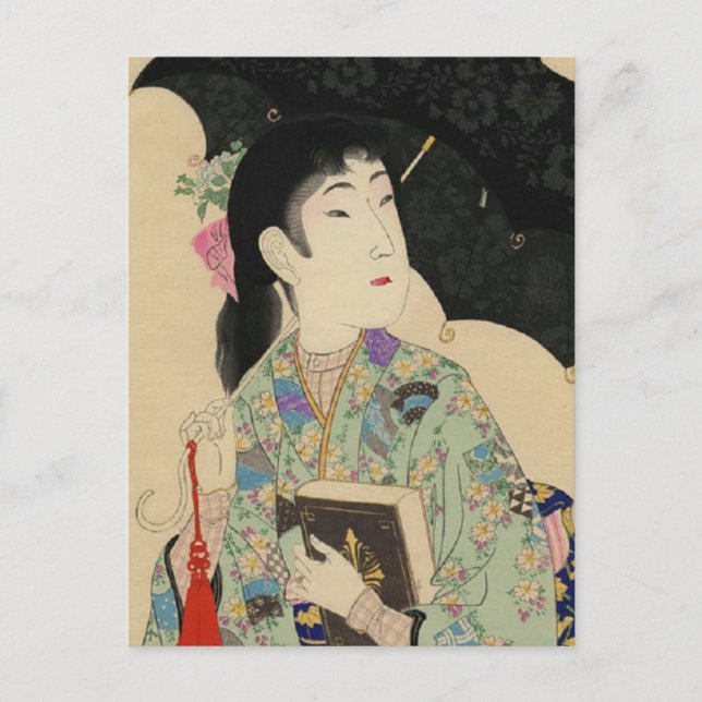 Kvinna med paraplyet Western-stil och bok Vykort (Framsida)