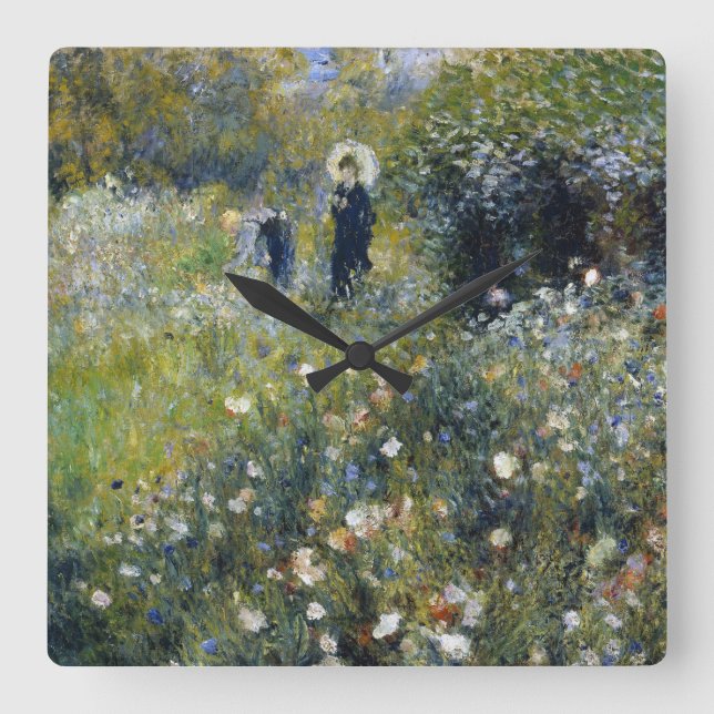 Kvinna med parasol i en Garden av Auguste Renoir Fyrkantig Klocka (Framsida)