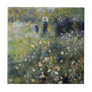 Kvinna med parasol i en Garden av Auguste Renoir Kakelplatta