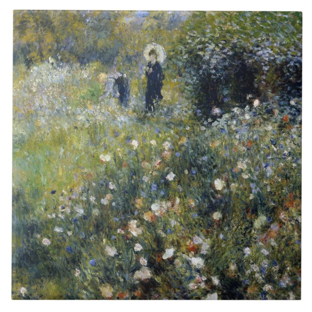 Kvinna med parasol i en Garden av Auguste Renoir Kakelplatta (Framsidan)