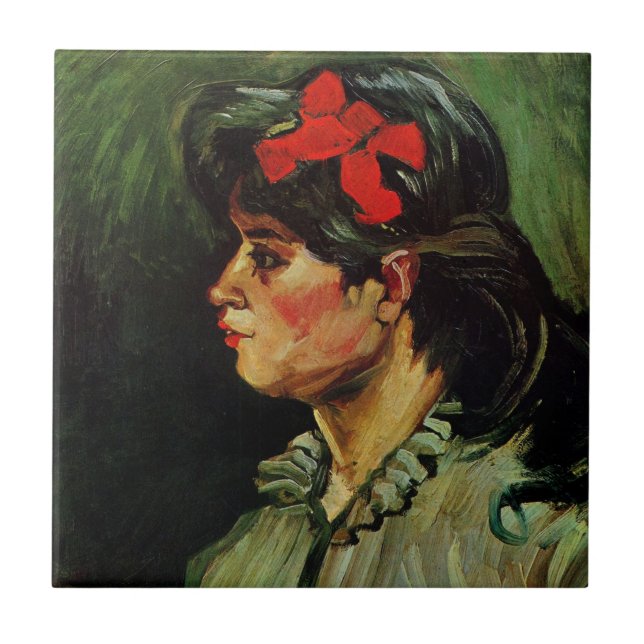 Kvinna med Red Ribbon Porträtt av Vincent van Gogh Kakelplatta (Framsidan)