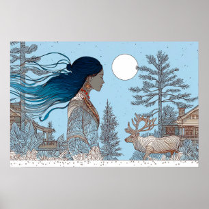 Kvinna med renar i snö genom loggstuga poster