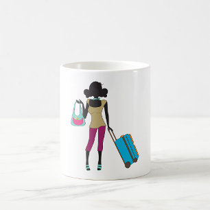 Kvinna med resväska kaffemugg