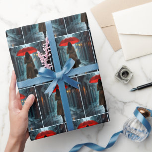 Kvinna med röd paraply och portfölj presentpapper