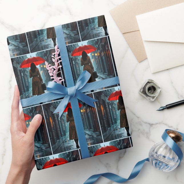 Kvinna med röd paraply och portfölj presentpapper (Gifting)