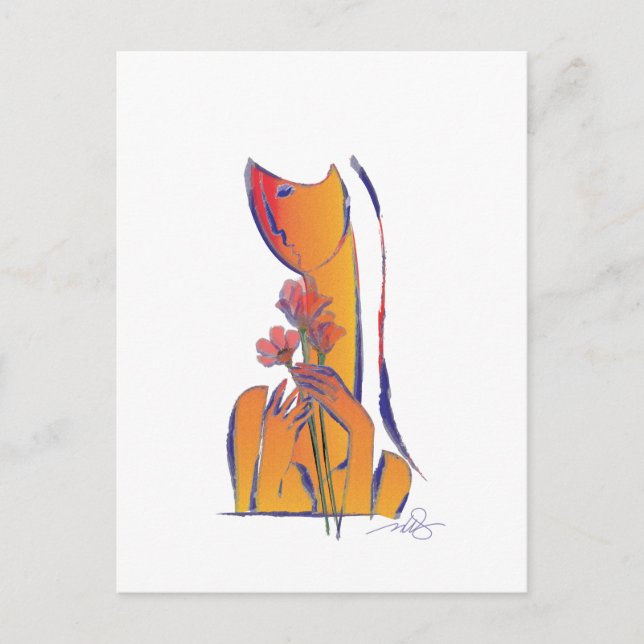 Kvinna med röda blommor vykort (Framsida)