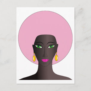 Kvinna med Rosa Afro och Grönt Ögon Abstrakt Art Vykort