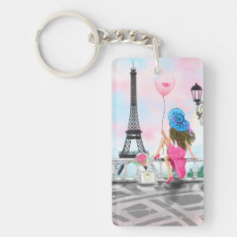 Kvinna med Rosa Blegon i Paris Keychain Gift