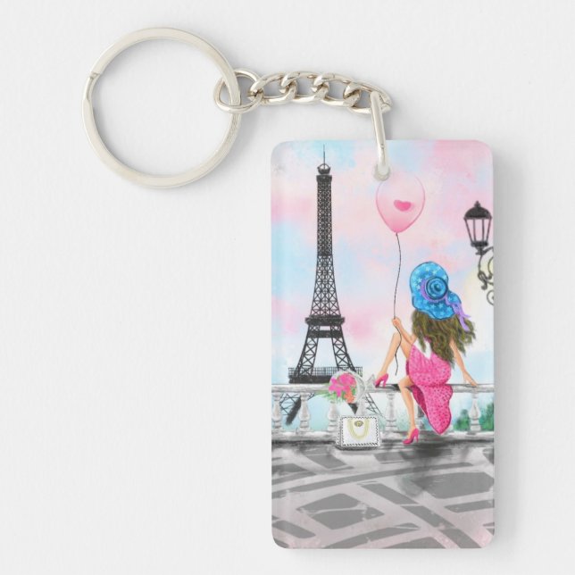 Kvinna med Rosa Blegon i Paris Keychain Gift (Framsidan)