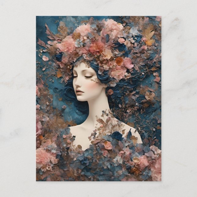 Kvinna med Rosa Blommor Blandad mediekassage Vykort (Framsida)