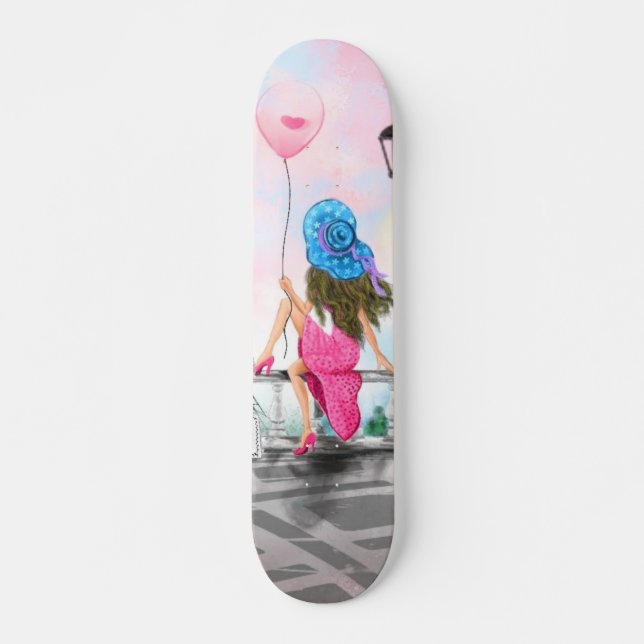 Kvinna med Rosa Hjärtballong Skateboard Gift (Framsida)