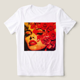 Kvinna med rosor som täcker hennes ansikte på en m t shirt