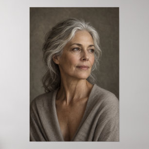 Kvinna med silverhår i mjuk neutral porträttvägg poster