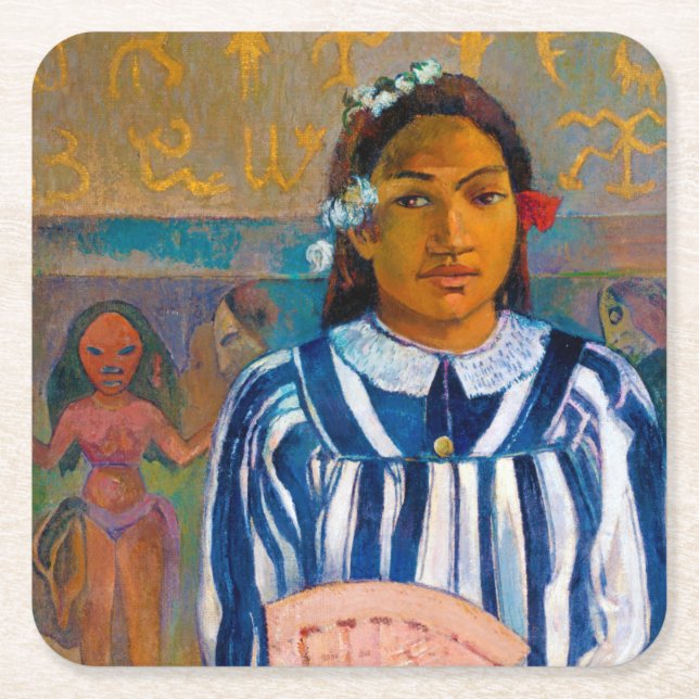 Kvinna med solfjäder, Gauguin Underlägg Papper Kvadrat (Framsidan)