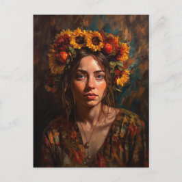 Kvinna med solrosor höstskördekrona vykort