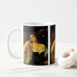 Kvinna med Spegel av titian, Vintage Renaissance Kaffemugg