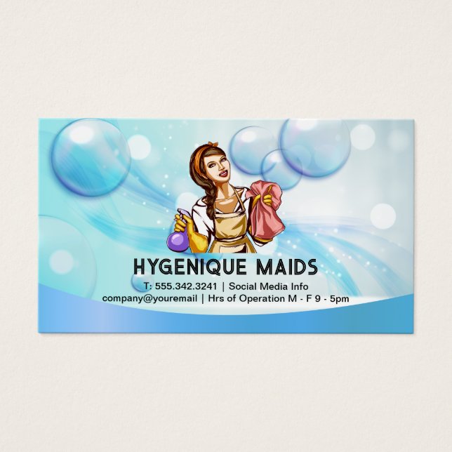 Kvinna med Städning artiklar | Soap Fizz Bubbles Visitkort (Framsidan)