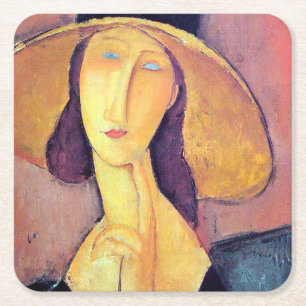 Kvinna med stor hatt, Modigliani Underlägg Papper Kvadrat