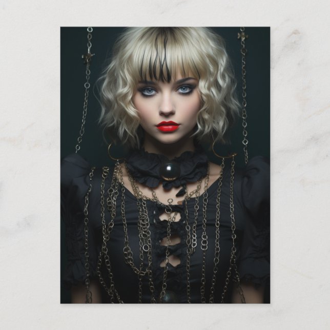 Kvinna med svart blanka och kedjor i blodet vykort (Framsida)