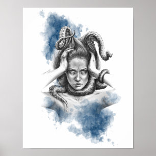 Kvinna med tentakler i hårfantasi - surrealistisk poster