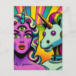 Kvinna med tredje Öga och en robot Unicorn Vykort