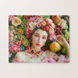 Kvinna med tropiska frukter och blomsterdekoration pussel