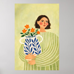 Kvinna med vasaffisch, modern botanisk porträtt poster