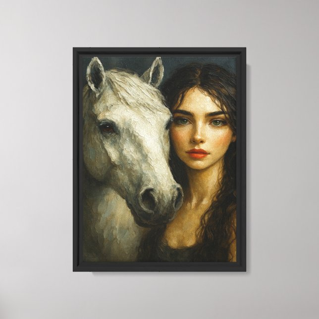 Kvinna med vit häst Canvas Väggkonst (Framsida)