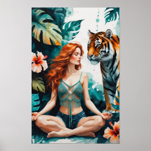 Kvinna mediterar med bengalisk tiger poster