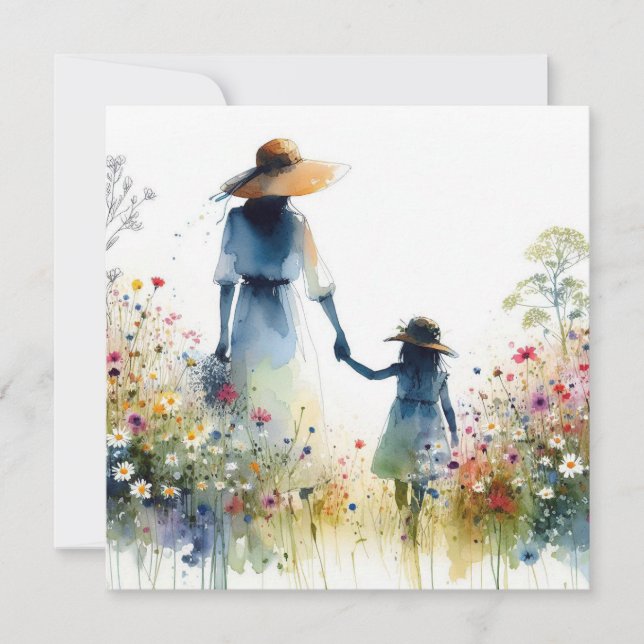Kvinna och barn med blommor Blommig mors dag Kort (Framsida)