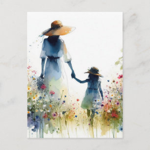 Kvinna och barn med blommor Blommig mors dag Vykort