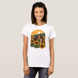 Kvinna och chokladlabrador i en gyllene solros t shirt