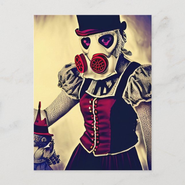 Kvinna och docka i gasmask vykort (Framsida)