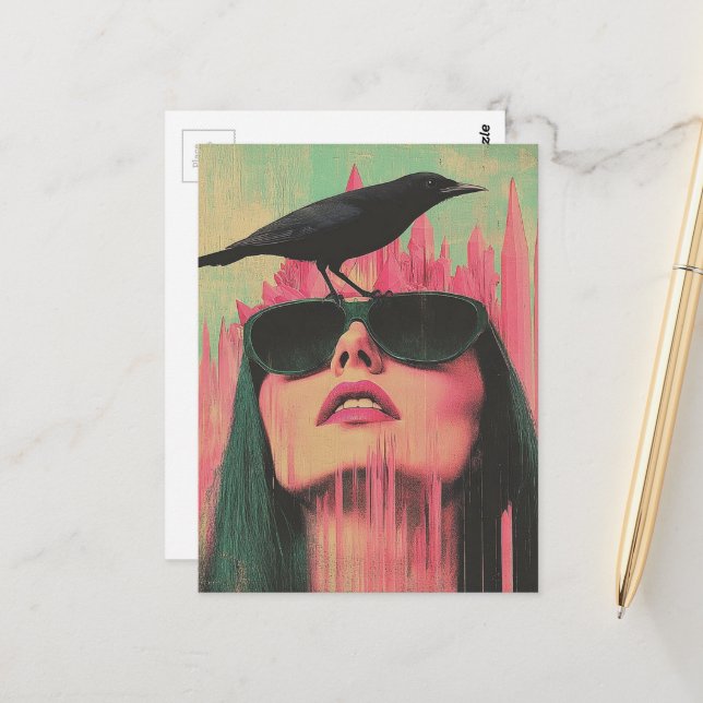 Kvinna och en svart fågel vykort (Fram/Back In Situ)