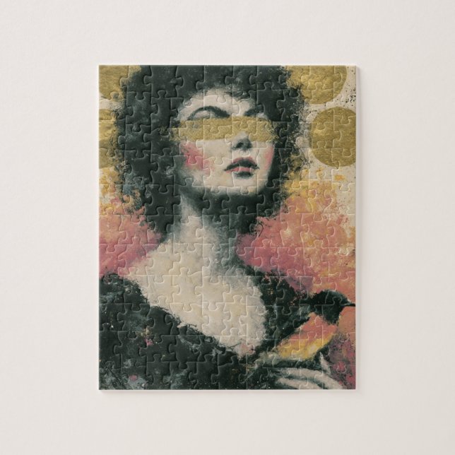 Kvinna och fågel Mixed Media Collage Pussel (Vertikal)