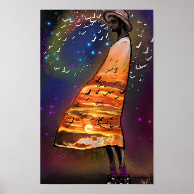 Kvinna och fåglar konst solnedgång Poster Print -  (Framsidan)