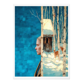 Kvinna och hjort i snöfågelskog per kabin fototryck