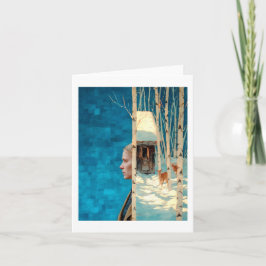 Kvinna och hjort i snöfågelskog per kabin helgkort