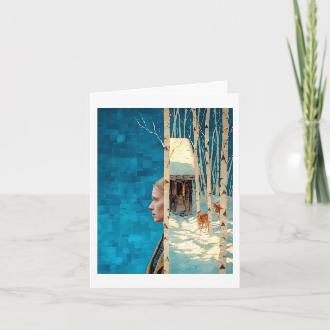 Kvinna och hjort i snöfågelskog per kabin helgkort (Framsida)