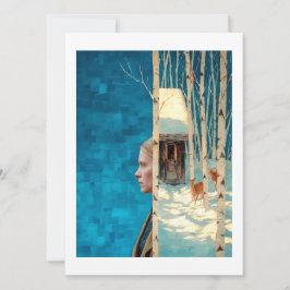 Kvinna och hjort i snöfågelskog per kabin julkort