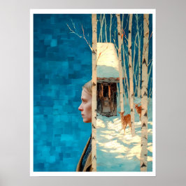 Kvinna och hjort i snöfågelskog per kabin poster