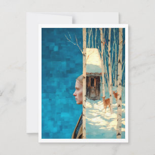 Kvinna och hjort i snöfågelskog per kabin vykort