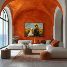 Kvinna och hund med solrosor - Oljemålning